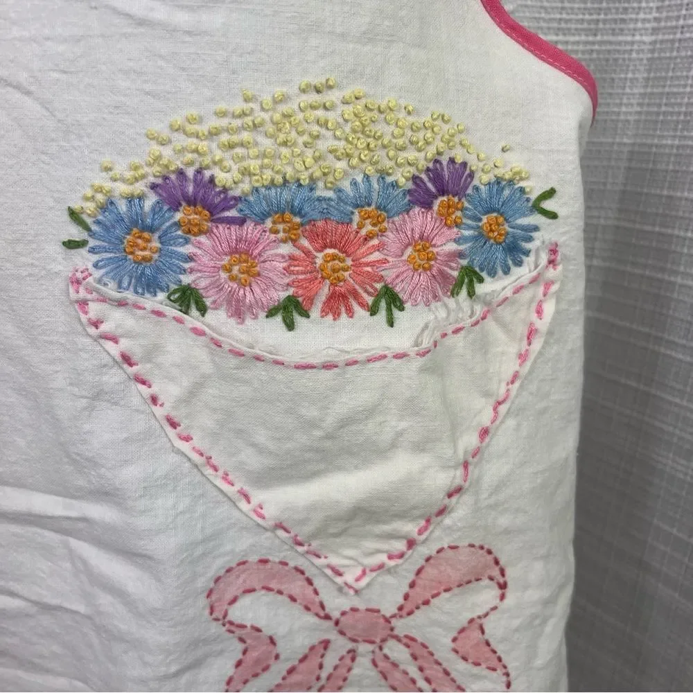 Vintage Embroidered Pinafore Apron Floral Bow White Pink Pockets OS